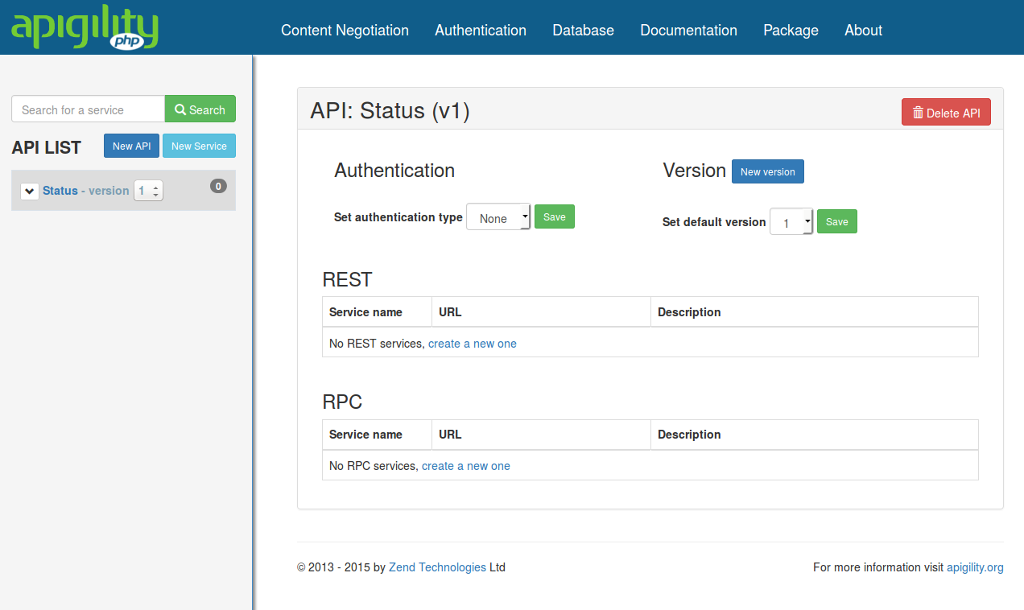 Apigility API Overview Screen