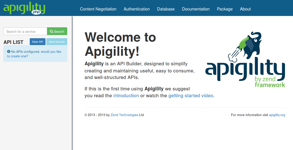 Apigility Welcome Screen